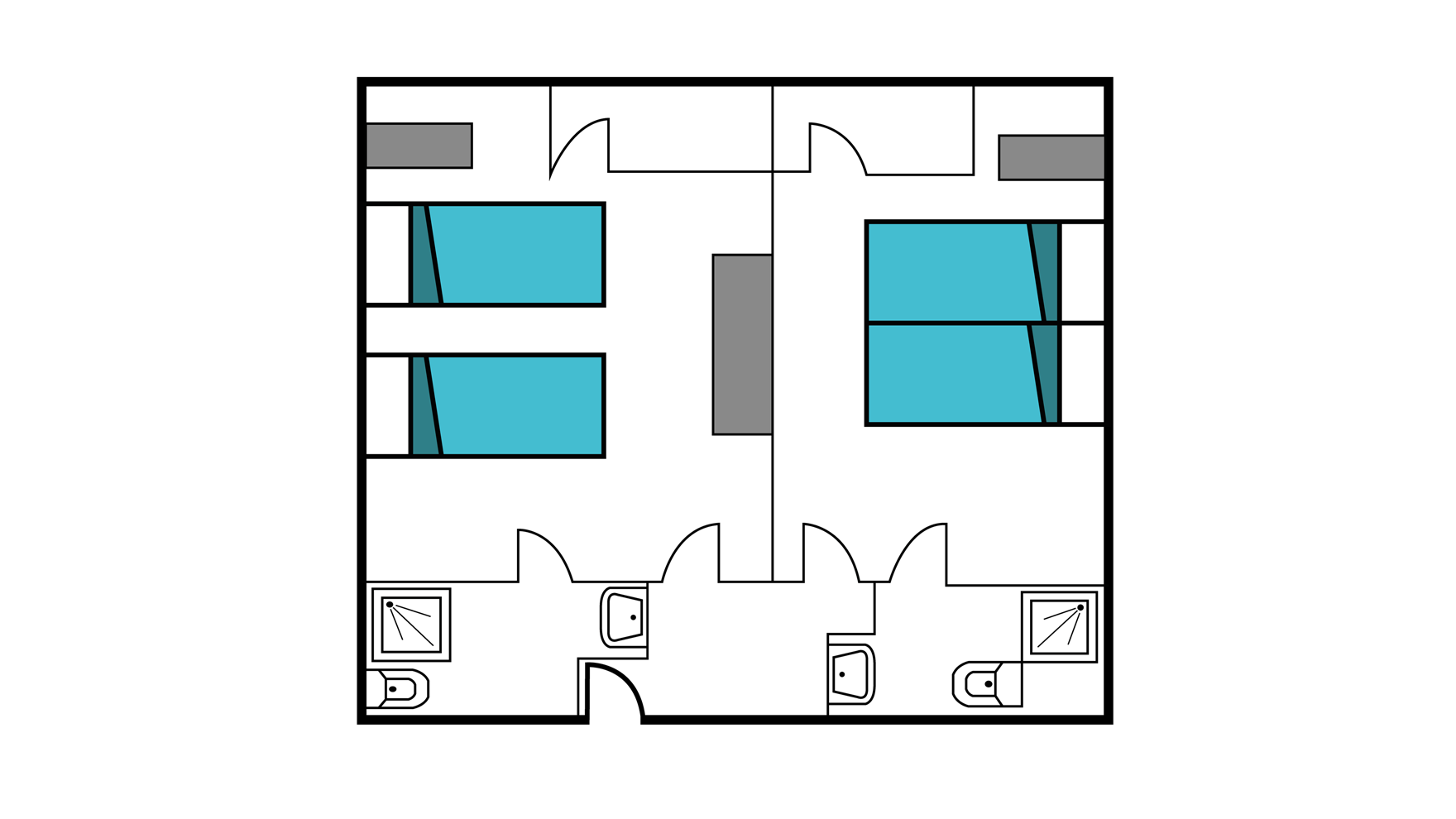 Plan  type chambre de 2 pers. communicantes à VTF Lacanau