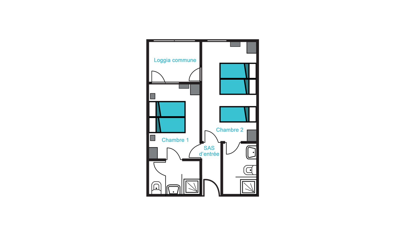 Plan type chambre de 2 pers.  communicantes à VTF Saint Sauves